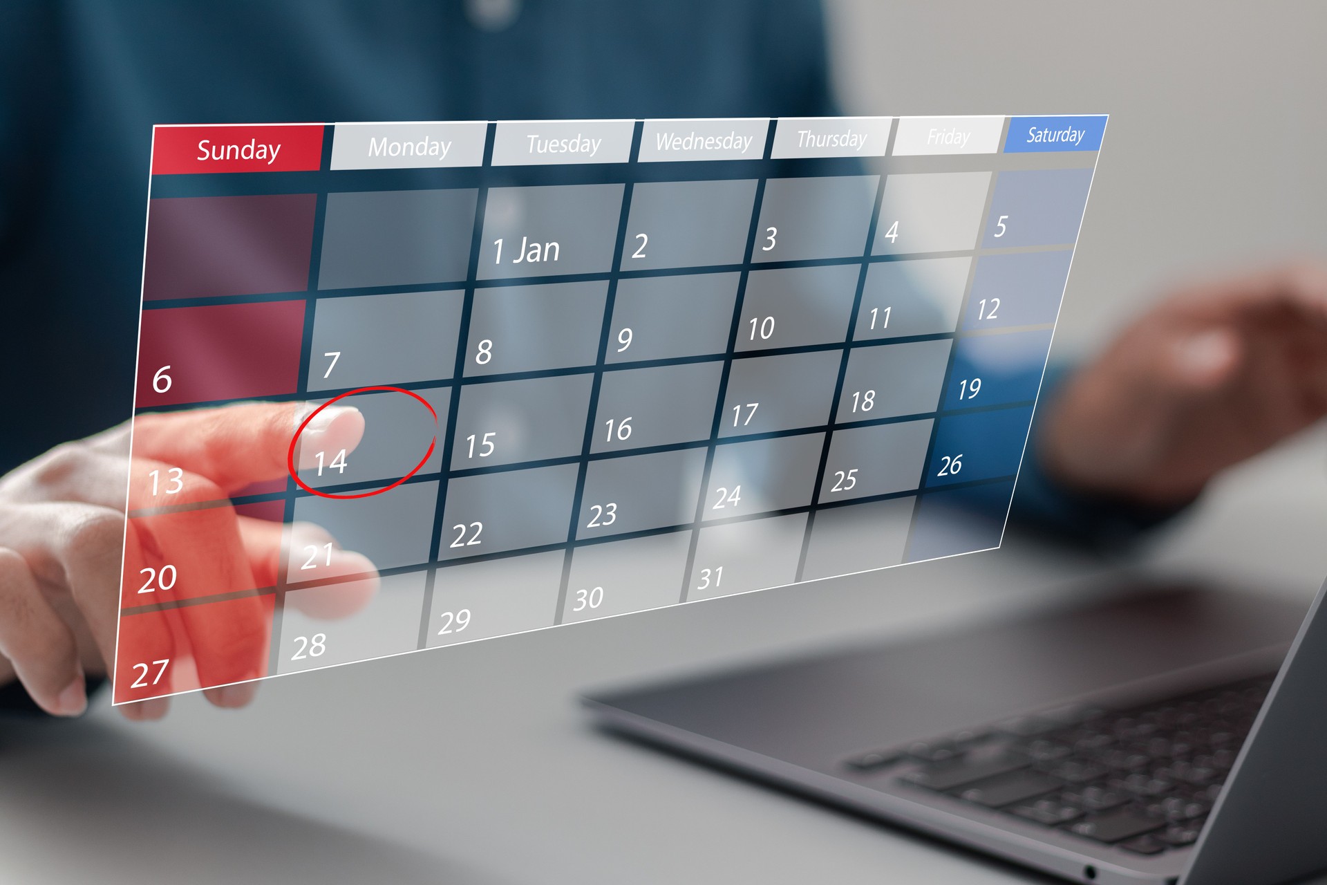 Time management concept. Businessman using laptop and manages time on calendar virtual screen interface. Highlight appointment reminders and meeting agenda on the calendar.
